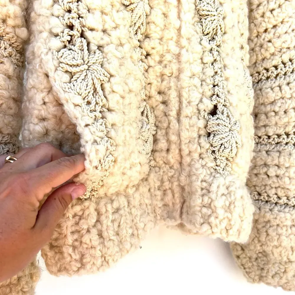 Vintage Norma Canada Sweater Chunky Knit Crochet Boho Beige Wool Full Zip Small